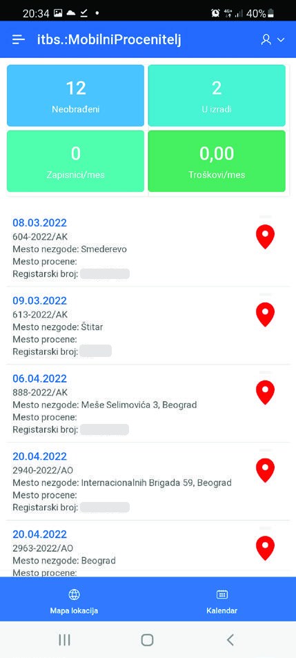 Lista predmeta za procenu sa mestom nezgode